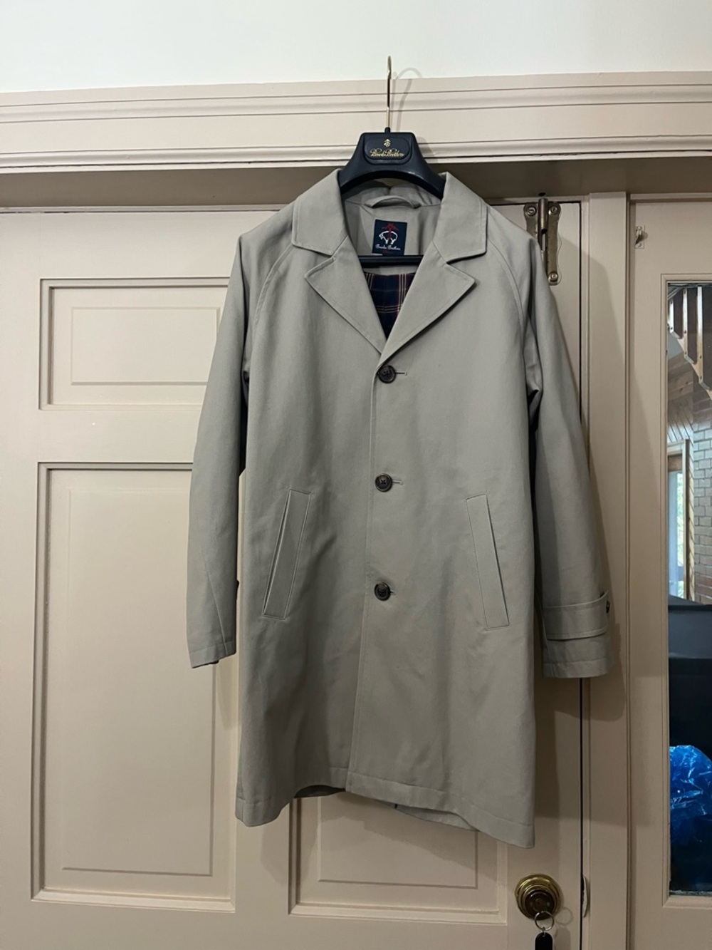 Brooks Brothers Fleece Trench Coat boys size M beige plaid lined button front